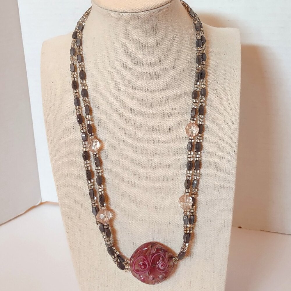 Pink Candy Lampwork Glass Pendant Necklace Beaded Glass Artisan Made Toggle